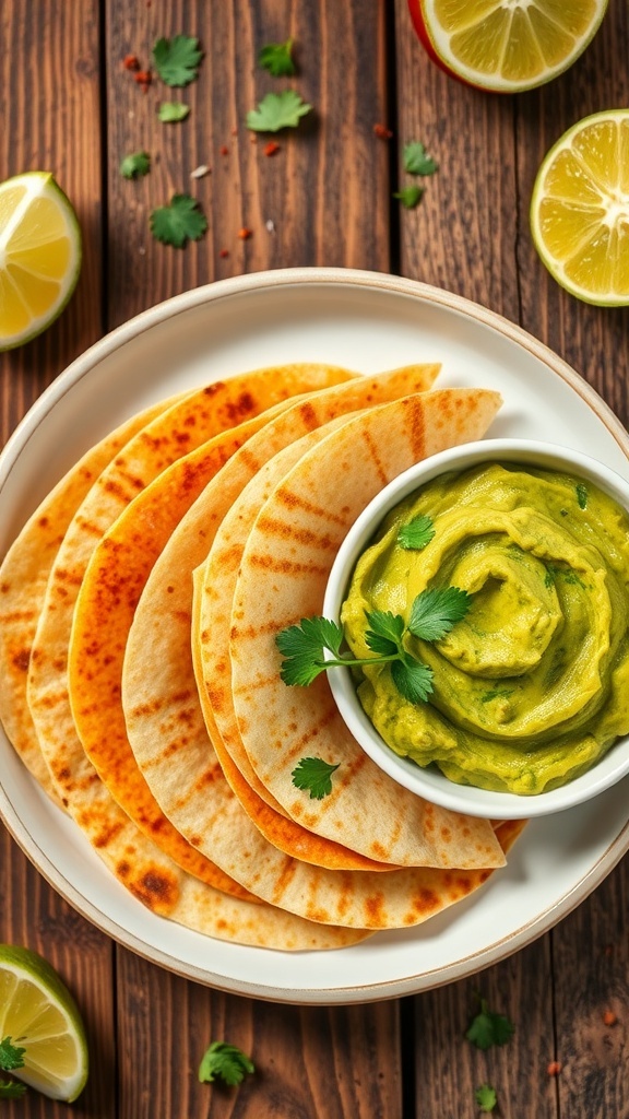 Warm tortillas with a bowl of guacamole, garnished with cilantro and lime on a wooden table.